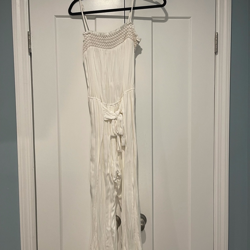 White tube top jumpsuit with slit legs!